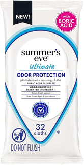 Summer's Eve Ultimate Odor Protection Daily Feminine Wipes, Gentle pH-Balanced Formula with Boric Acid Cleanses & Removes Vaginal Odor, Resealable Pack, 32 Body Wipes