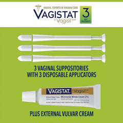 Vagisil Vagistat 3 Day Yeast Infection Treatment for Women, Relieves External Itching and Irritation - 2% External Miconazole Nitrate Cream, 3 Disposable Suppositories & Applicators (Pack of 1)