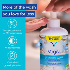 Vagisil Feminine Wash for Intimate Area Hygiene, Scentsitive Scents, pH Balanced and Gynecologist Tested, Coconut Hibiscus, 16.9 oz with Pump (Pack of 2)