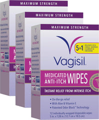 Vagisil Anti-Itch Medicated Feminine Intimate Wipes for Women, Maximum Strength, Gynecologist Tested, 12 Wipes (Pack of 3)