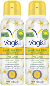Vagisil Scentsitive Scents Feminine Dry Wash Deodorant Spray for Women, Gynecologist Tested, Paraben Free, White Jasmine, 2.6 Ounce (Pack of 2)