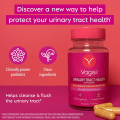 Vagisil Urinary Tract Health Supplements, Clinically-Proven Probiotics, Protects Urinary Tract Health, Clean Ingredients, Helps Cleanse and Flush UTI-Causing Bacteria, 1 Capsule Daily, 30 Capsules