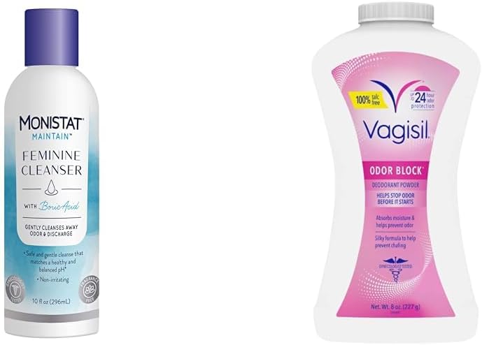 Monistat Boric Acid Feminine Cleanser 10 Fl Oz 1 Pack & Vagisil Odor Block Deodorant Powder for Women 8 Ounce 1 Pack Bundle