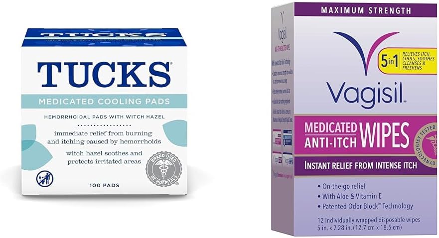 TUCKS Medicated Cooling Pads, 100 Count and Vagisil Anti-Itch Medicated Feminine Wipes, Maximum Strength, 12 Wipes