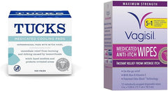 TUCKS Medicated Cooling Pads, 100 Count and Vagisil Anti-Itch Medicated Feminine Wipes, Maximum Strength, 12 Wipes
