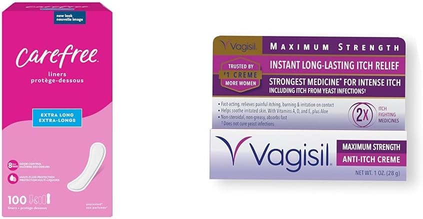 Carefree Panty Liners 100ct & Vagisil Maximum Strength Anti-Itch Cream, Feminine Care Bundle
