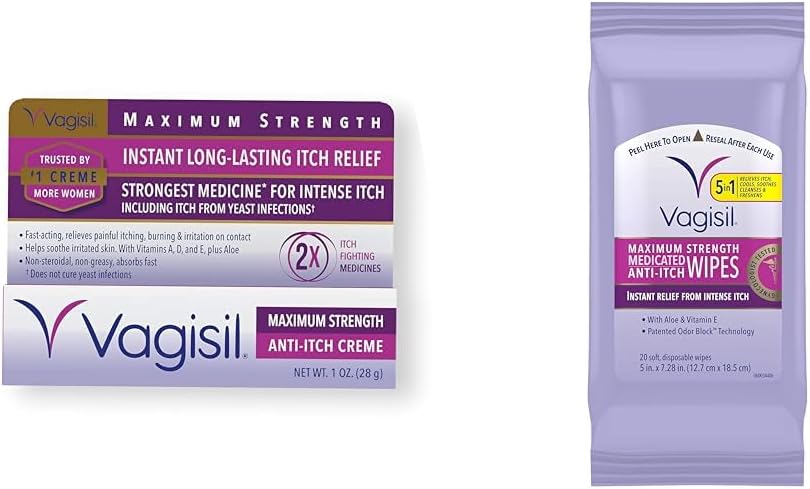 Vagisil Maximum Strength Feminine Anti-Itch Cream & Wipes with Benzocaine for Women, Instant Relief, 20 Wipes (Pack of 1)