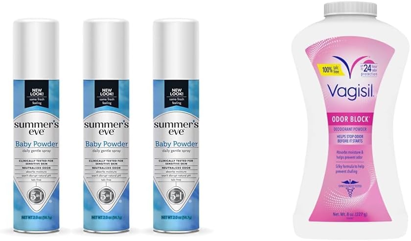 Summer's Eve Baby Powder Spray 3 Pack and Vagisil Odor Block Powder for Women, Helps Prevent Chafing, Talc-Free