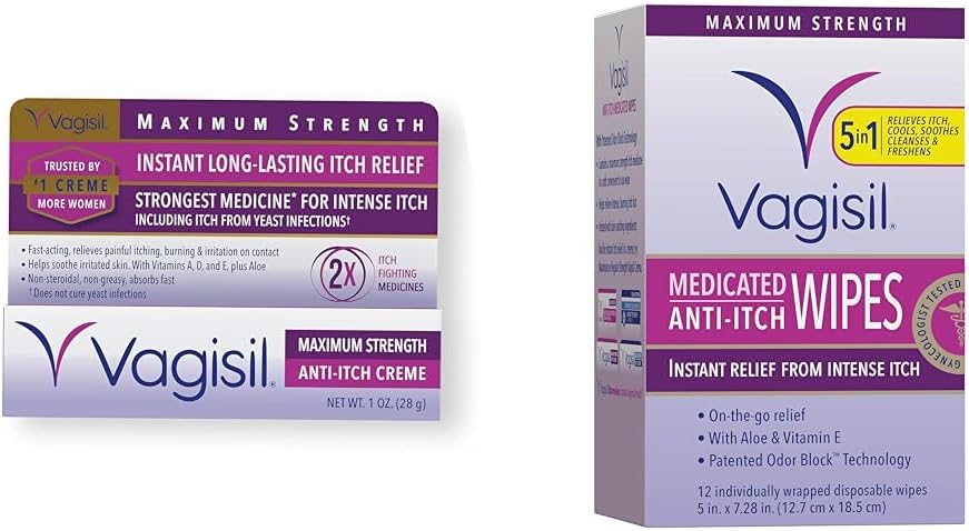 Vagisil Maximum Strength Feminine Anti-Itch Cream with Benzocaine for Women & Anti-Itch Medicated Feminine Intimate Wipes for Women, Maximum Strength, Gynecologist Tested, 12 Wipes