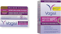 Vagisil Maximum Strength Feminine Anti-Itch Cream with Benzocaine for Women & Anti-Itch Medicated Feminine Intimate Wipes for Women, Maximum Strength, Gynecologist Tested, 12 Wipes