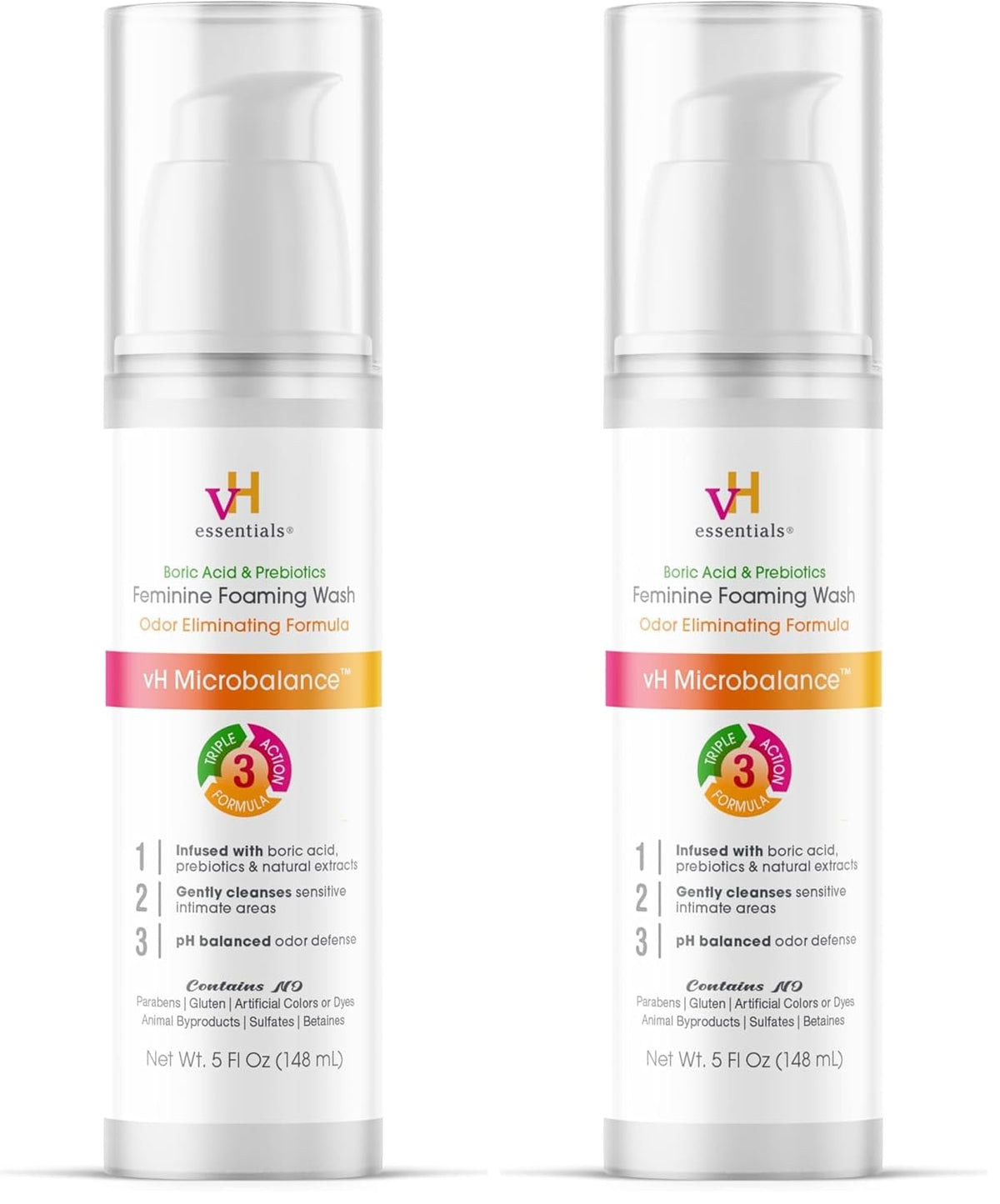 vH essentials Feminine Foaming Wash with Boric Acid and Prebiotics, Odor Eliminating pH-Balanced Daily Cleanser with Lavender and Chamomile, 5 fl oz (Pack of 2)