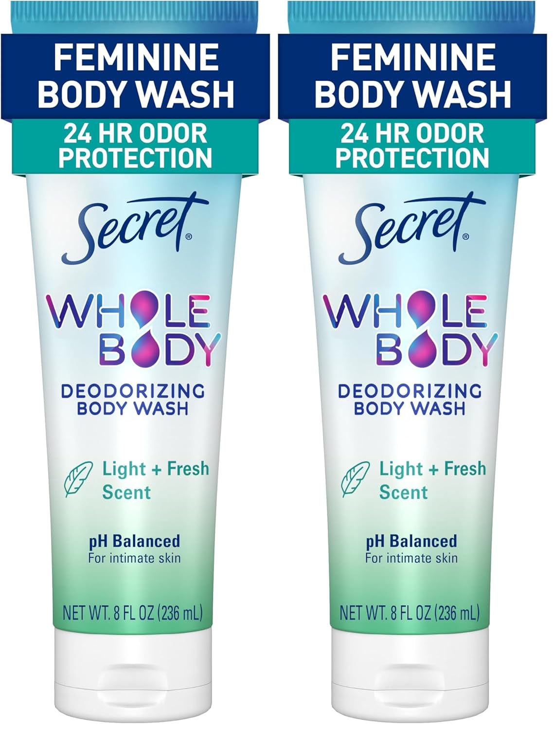 Secret Feminine Wash, 24 HR Deodorizing Feminine Body Wash for Women, Removes 6x Causes of Odor, PH Balanced, Safe to Use Everywhere, Light & Fresh, 8.0 oz, (Pack of 2)