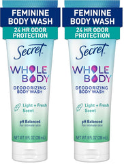 Secret Feminine Wash, 24 HR Deodorizing Feminine Body Wash for Women, Removes 6x Causes of Odor, PH Balanced, Safe to Use Everywhere, Light & Fresh, 8.0 oz, (Pack of 2)