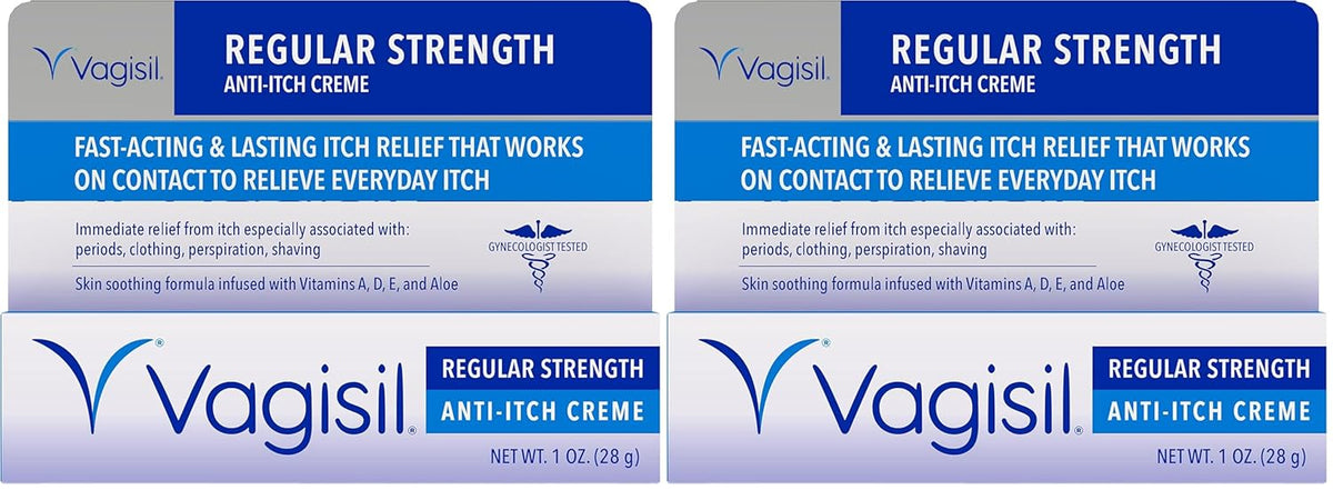 Vagisil Regular Strength Anti-Itch Feminine Cream for Women, Gynecologist Tested, Hypoallergenic, Fast-acting and Long-lasting Itch Relief, Vaginal Moisturizer Soothes and Cools, 1 oz (Pack of 2)