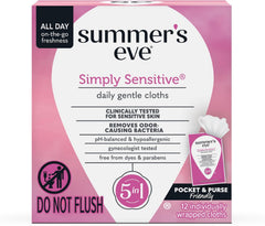 Summer's Eve Simply Sensitive Feminine Wipes, Gentle pH-Balanced Micellar Water Based Formula Helps Control Vaginal Odor, Individually Wrapped Wipes, 12 Count