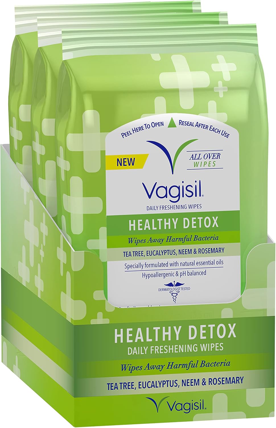 Vagisil Wipes for All Over Cleaning, Health Detox, Formulated with Essential Oils, 20 Wipes in a Re-Sealable Pouch (Pack of 3)