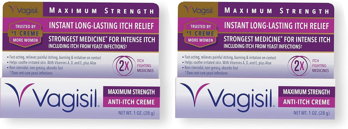 Vagisil Maximum Strength Feminine Anti-Itch Cream with Benzocaine for Women, Helps Relieve Yeast Infection Irritation, Gynecologist Tested, Fast-Acting, Soothes and Cools Skin, 1 oz (Pack of 2)