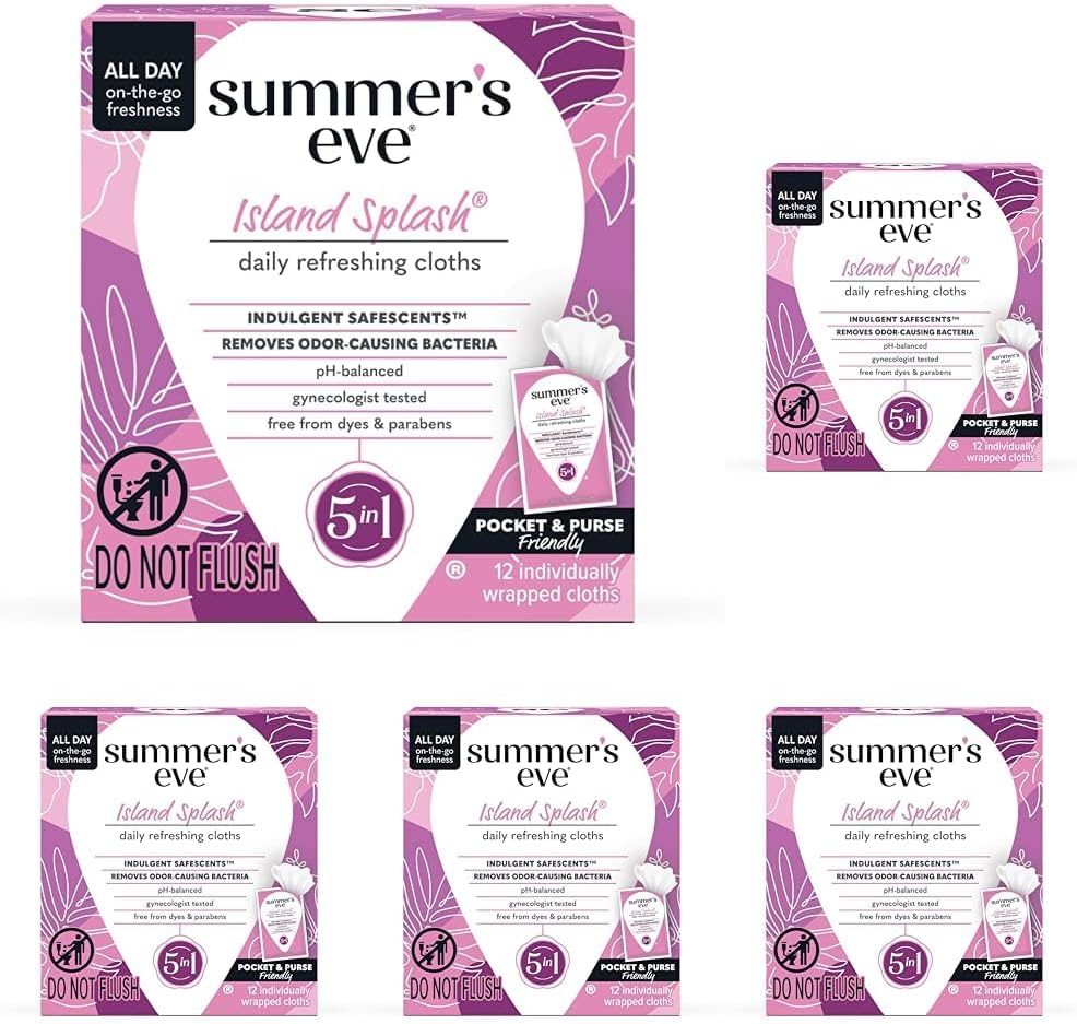 Summer's Eve Feminine Wipes, Island Splash, 12 Count, 5 Pack | Removes Odor | pH Balanced | Daily Refreshing