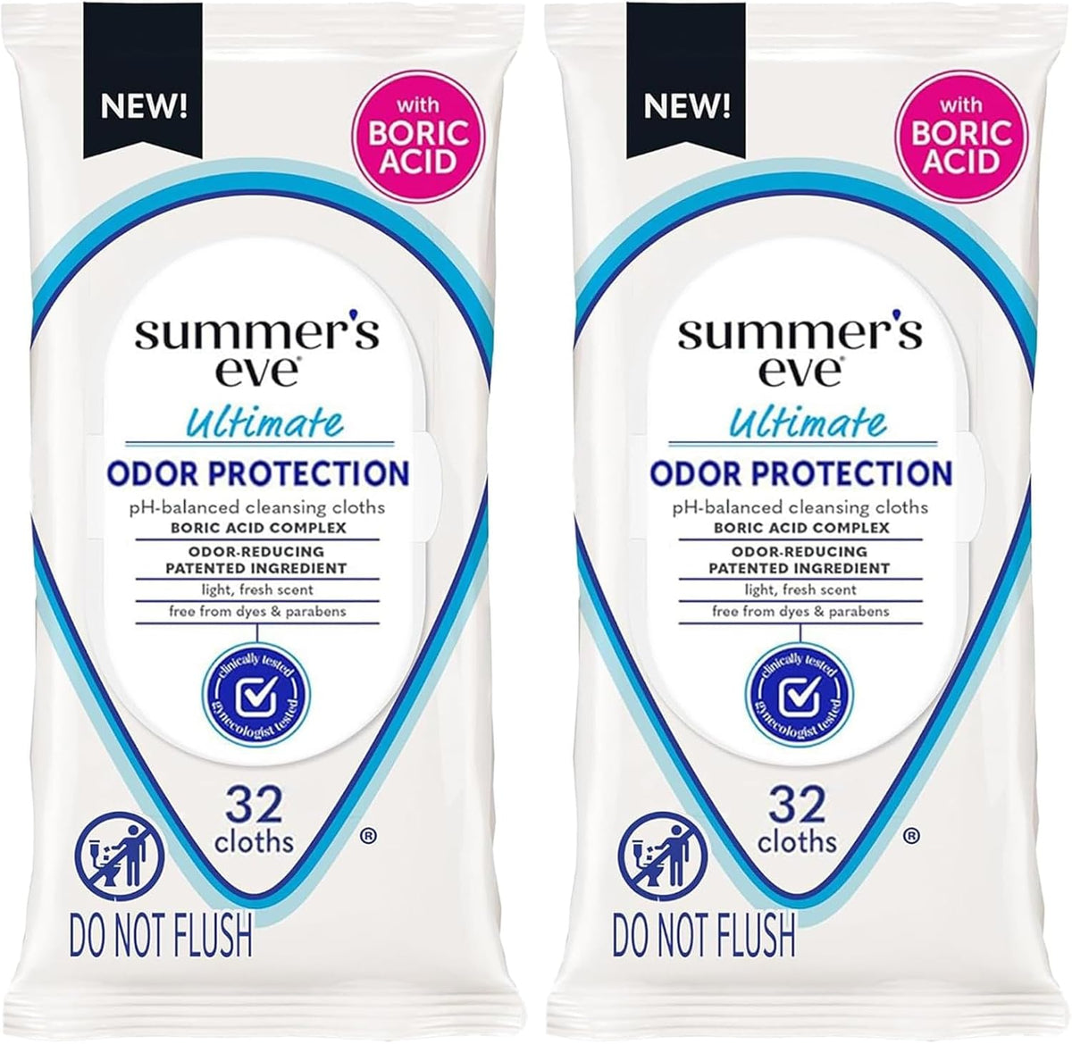 Summer's Eve Ultimate Odor Protection Daily Feminine Wipes, Gentle pH-Balanced Formula with Boric Acid Cleanses & Removes Vaginal Odor, Resealable Pack, 32 Body Wipes (Pack of 2)