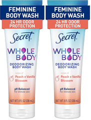 Secret Feminine Wash, 24 HR Deodorizing Feminine Body Wash for Women, Removes 6x Causes of Odor, PH Balanced, Safe to Use Everywhere, Peach & Vanilla Blossom Scent, 8.0 oz, (Pack of 2)