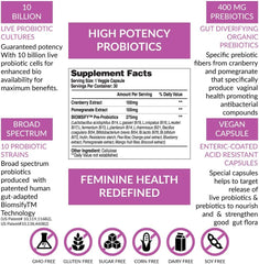 Biom Complete Feminine Balance Women's Daily Probiotics + Prebiotics with Organic Cranberry & Pomegranate with Lactobacillus crispatus, Gluten &, Dairy-Free. 30 Servings