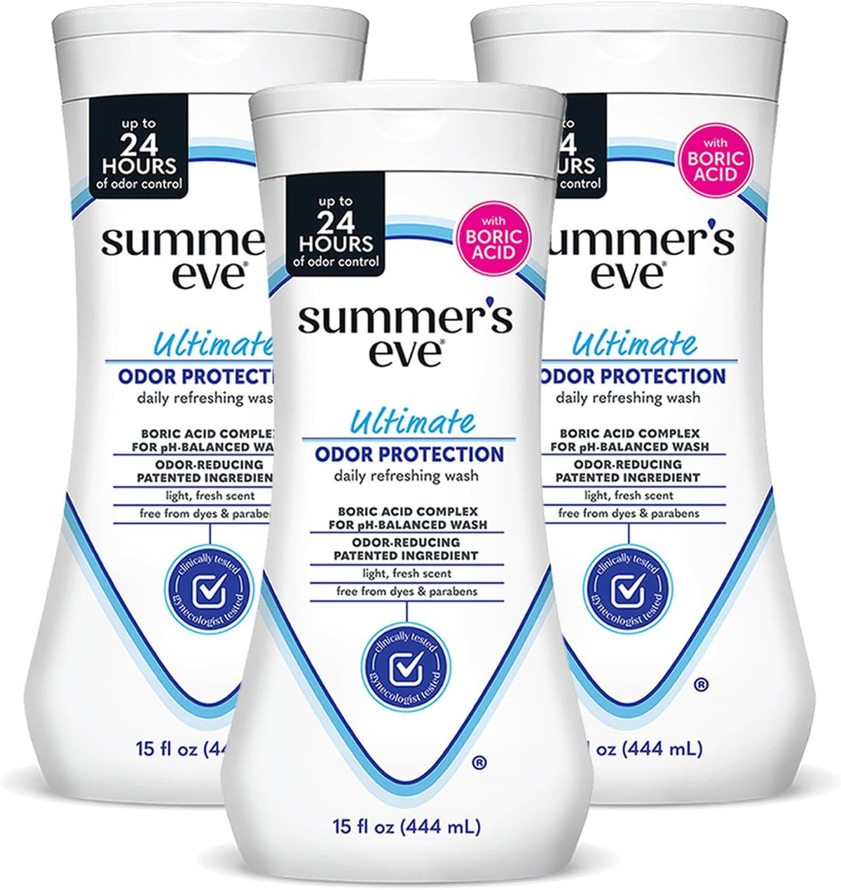 Summer's Eve Ultimate Odor Protection Daily Feminine Wash,pH-Balanced Formula Body Wash for Women with Boric Acid Helps Control Vaginal Odor,15 Fl Oz,(Pack of 3)