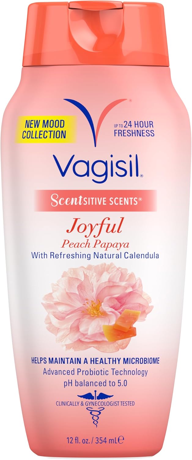 Vagisil Feminine Wash for Intimate Area Hygiene, Scentsitive Scents® Joyful Peach Papaya, pH Balanced and Gynecologist Tested, 12 oz (Pack of 1)