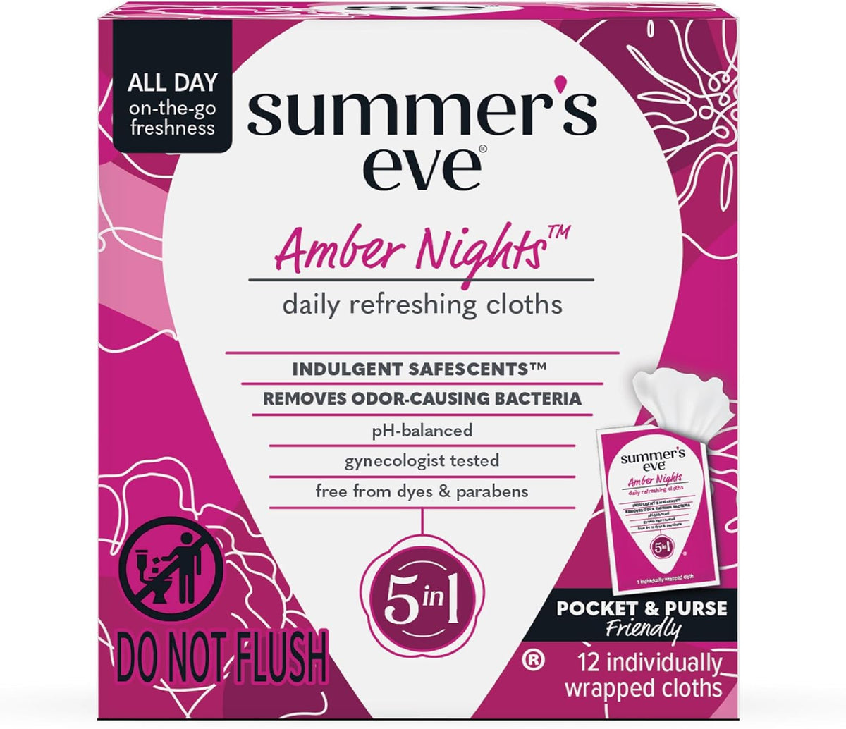 Summer's Eve Amber Nights Feminine Wipes, with Gentle pH-Balanced Formula Designed to Remove Odor, Individually Wrapped Wipes, 12 Count