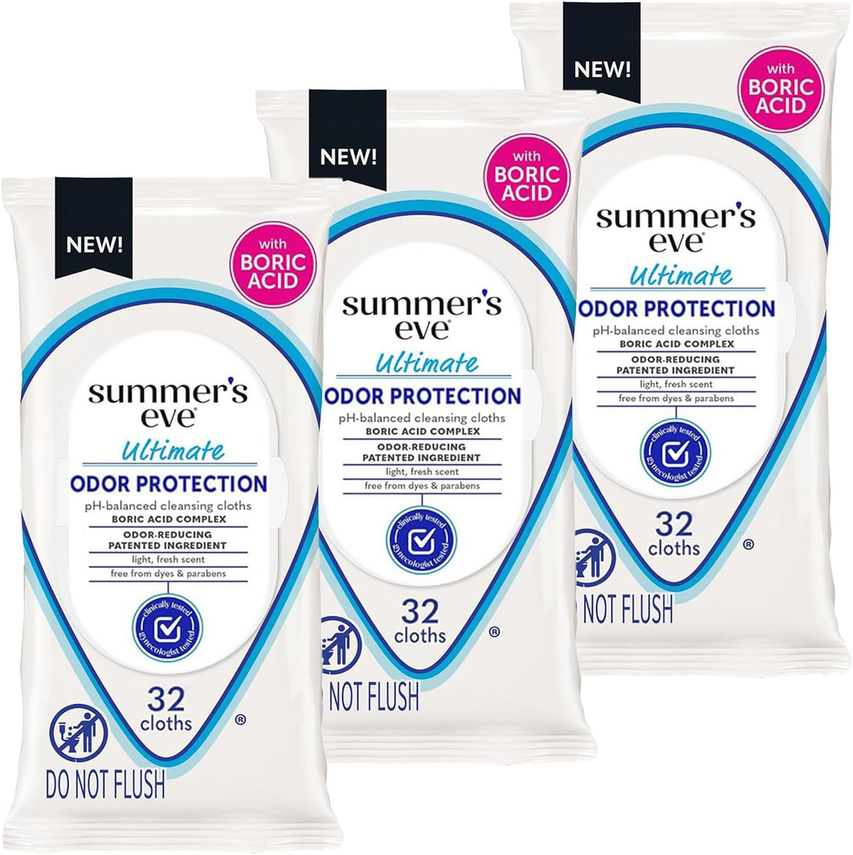 Summer's Eve Ultimate Odor Protection Daily Feminine Wipes, Gentle pH-Balanced Formula with Boric Acid Cleanses & Removes Vaginal Odor, Resealable Pack, 32 Body Wipes (Pack of 3)