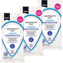 Summer's Eve Ultimate Odor Protection Daily Feminine Wipes, Gentle pH-Balanced Formula with Boric Acid Cleanses & Removes Vaginal Odor, Resealable Pack, 32 Body Wipes (Pack of 3)