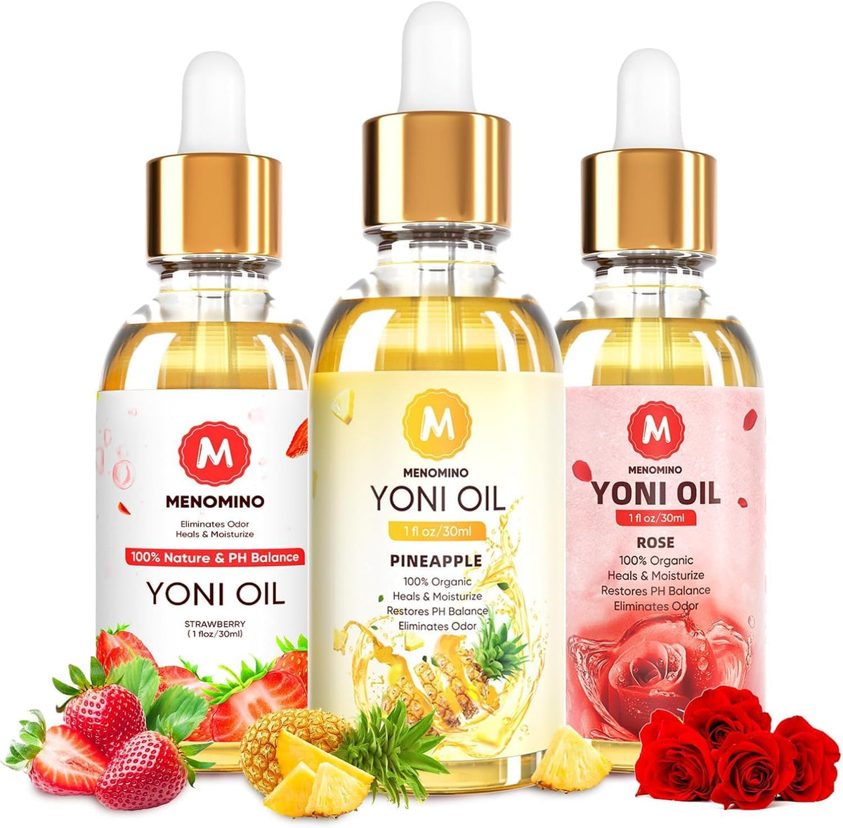 3 Pack Yoni Oil Organic Feminine Oil for Women pH Balance - Feminine Deodorant -Vaginal Moisturizer -Eliminates Odor with Natural Pineapple Rose Strawberry Essential Oil, 1 fl oz/pc