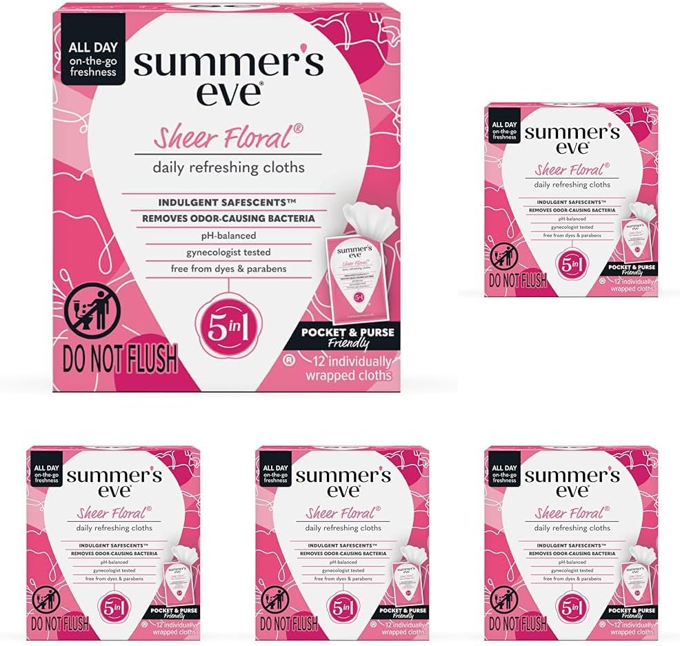 Summer's Eve Sheer Floral Feminine Wipes, Gentle pH-Balanced Formula Helps Control Vaginal Odor, Individually Wrapped Wipes, 12 Count (Pack of 5)
