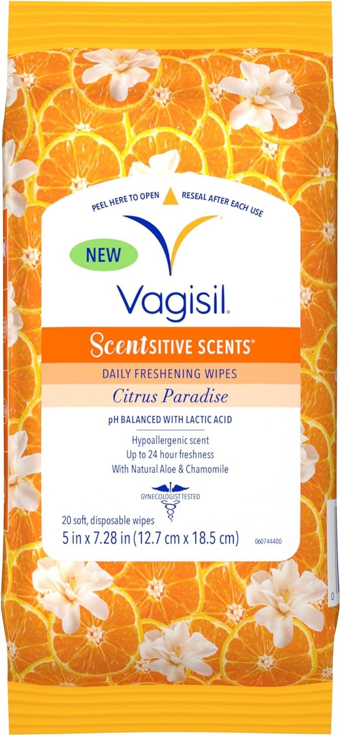 Vagisil Scentsitive Scents Daily Feminine Intimate Wipes for Women, Gynecologist Tested, Citrus Paradise, 20 Wipes in Resealable Pouch (Pack of 1)