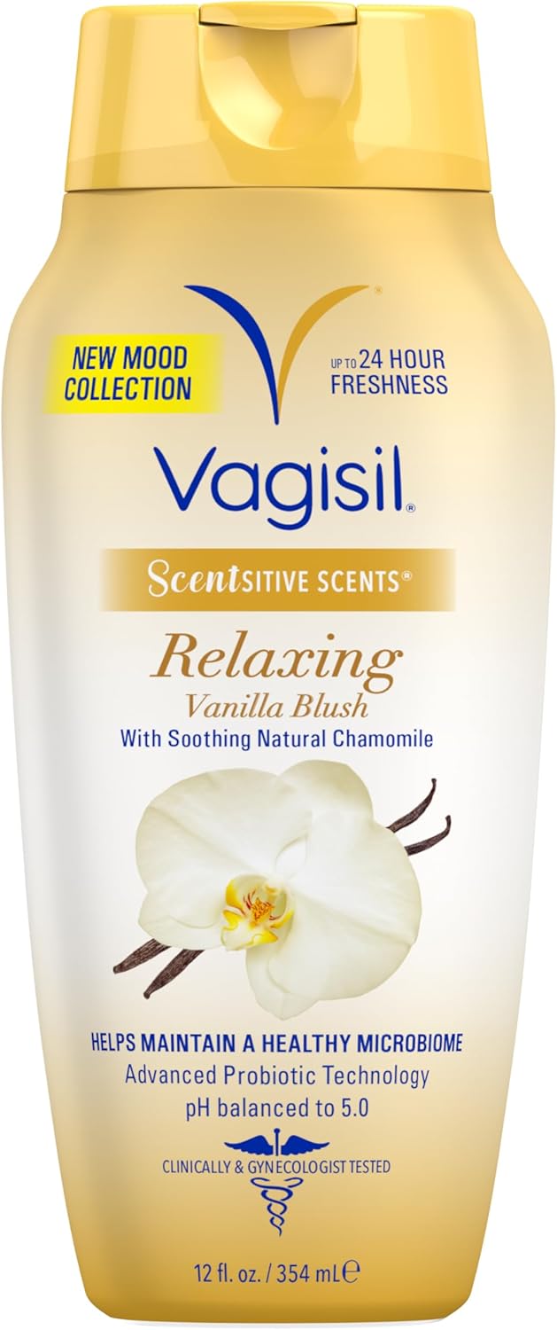 Vagisil Feminine Wash for Intimate Area Hygiene, Scentsitive Scents Relaxing Vanilla Blush, pH Balanced and Gynecologist Tested, 12 oz (Pack of 1)