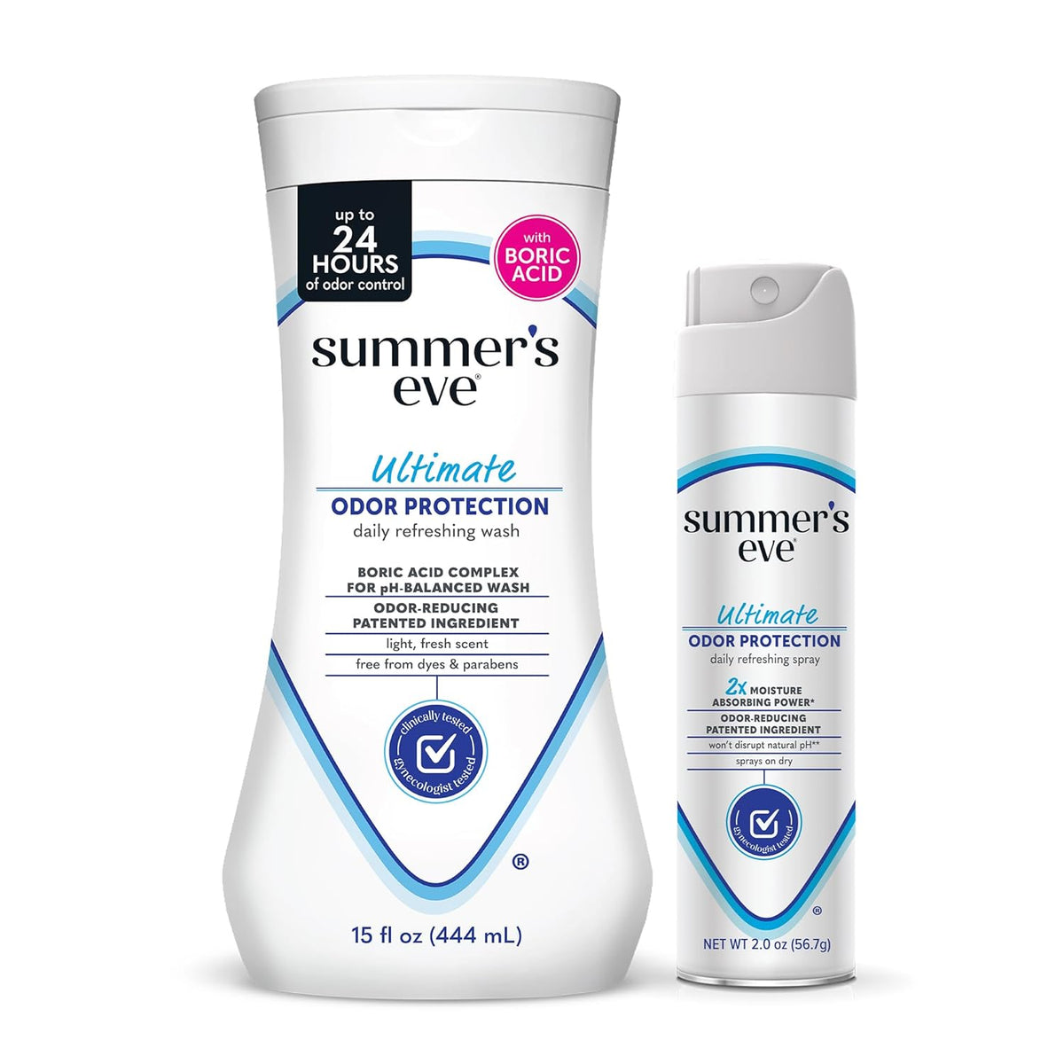 Summer's Eve Ultimate Odor Control Feminine Spray, 2 oz & Body Wash with Boric Acid, 15 Fl Oz