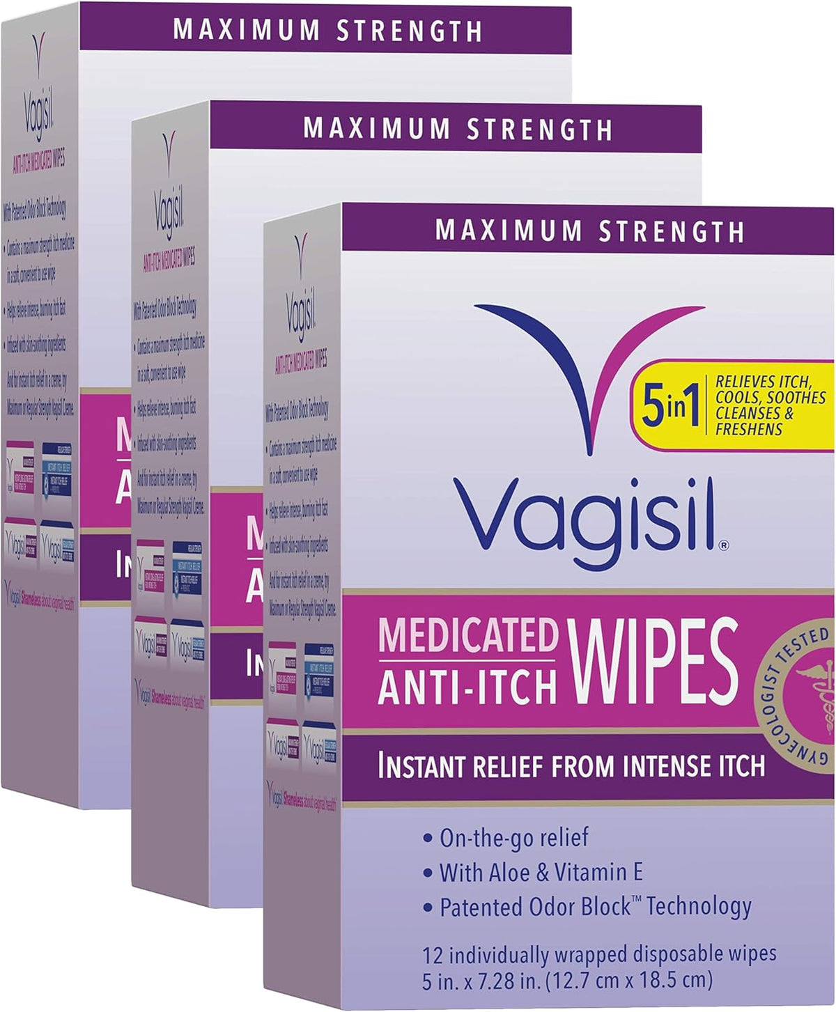 Vagisil Anti-Itch Medicated Feminine Intimate Wipes for Women, Maximum Strength, Gynecologist Tested, 12 Wipes (Pack of 3)