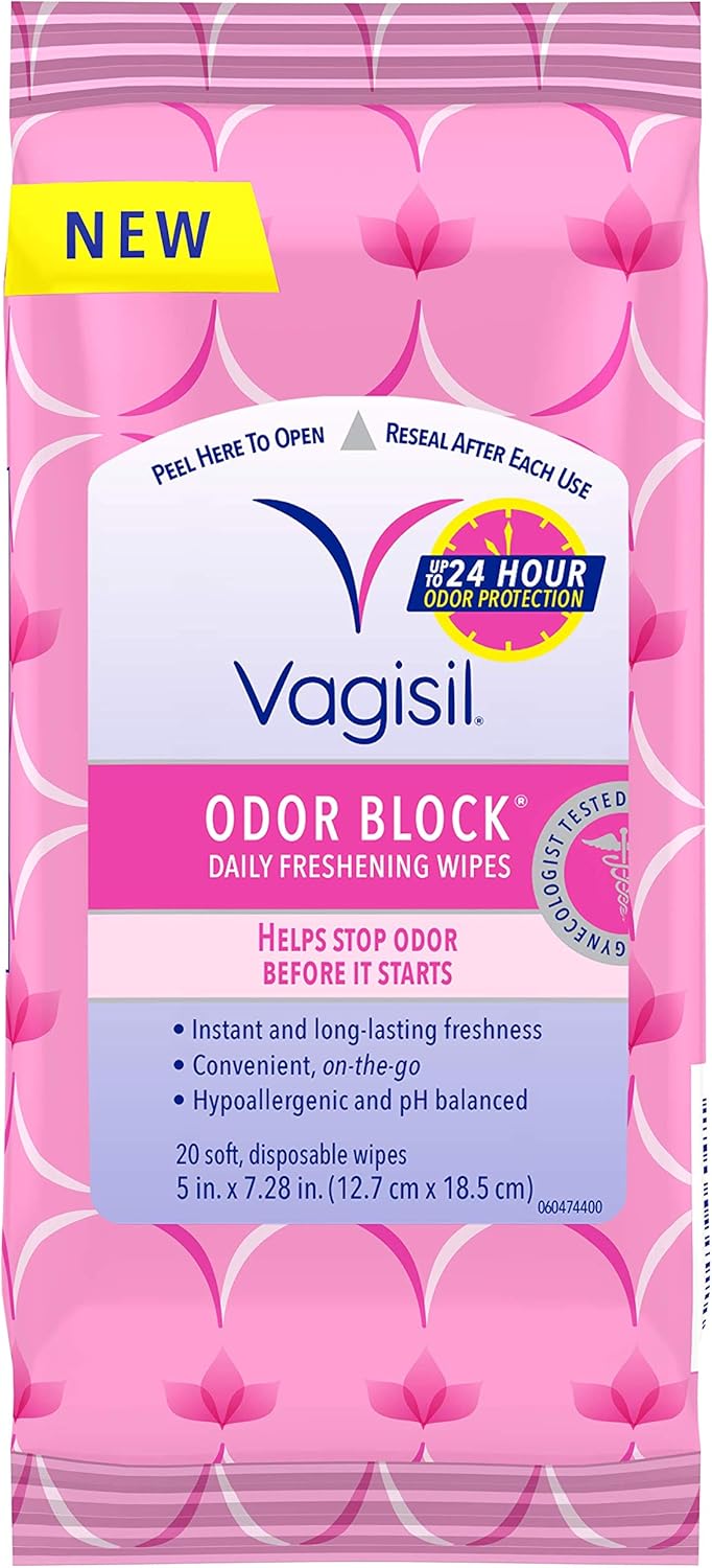 Vagisil Odor Block Daily Freshening Wipes for Feminine Hygiene in Resealable Pouch, Gynecologist Tested & Hypoallergenic, 20 Wipes (Pack of 1)