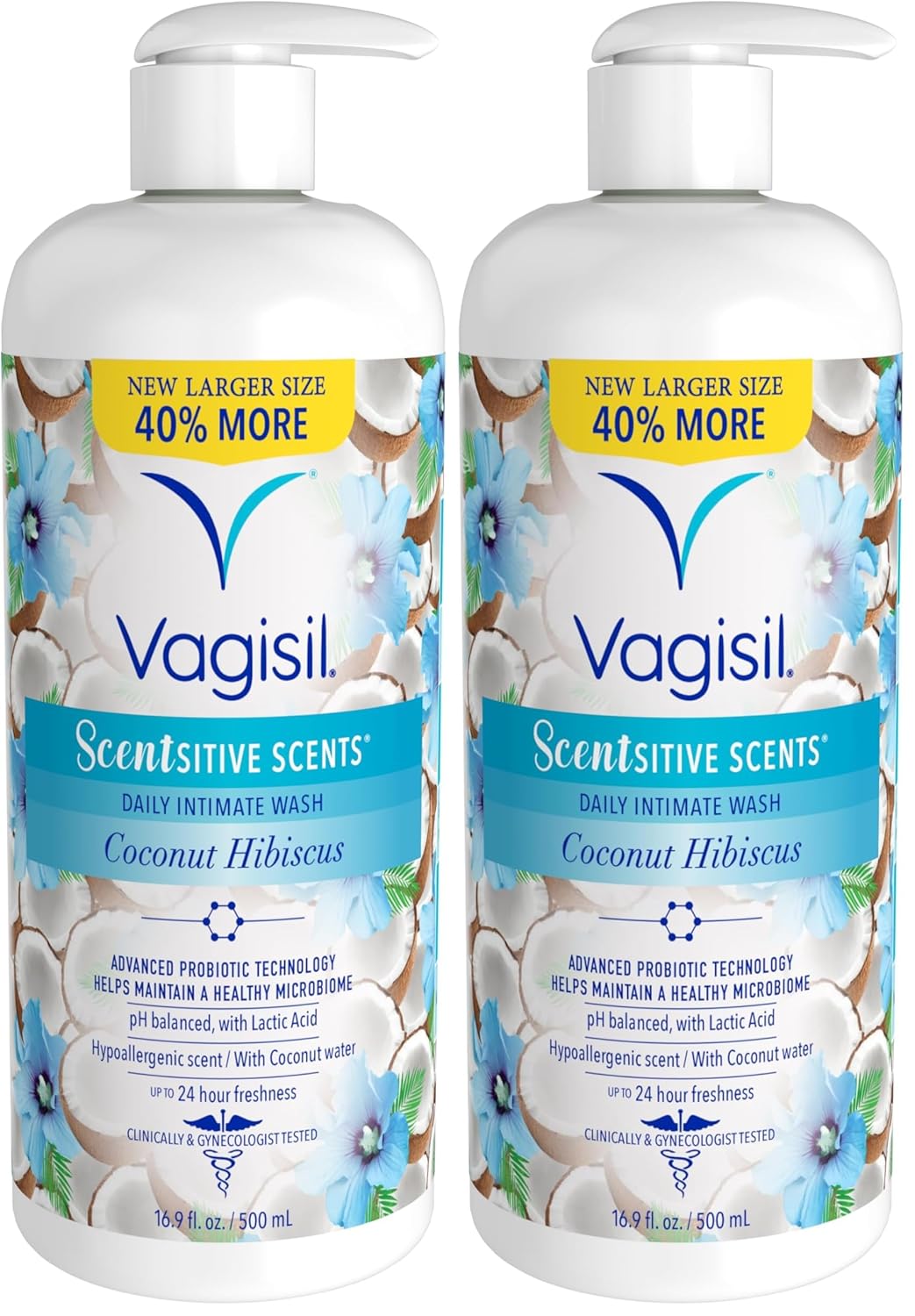 Vagisil Feminine Wash for Intimate Area Hygiene, Scentsitive Scents, pH Balanced and Gynecologist Tested, Coconut Hibiscus, 16.9 oz with Pump (Pack of 2)
