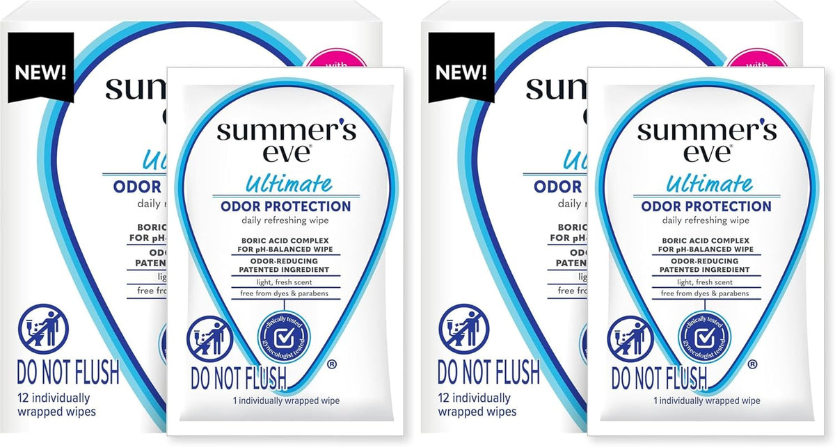 Summer's Eve Ultimate Odor Protection Daily Feminine Wipes, Gentle pH-Balanced Formula with Boric Acid Cleanses & Removes Vaginal Odor, Individually Wrapped Body Wipes, 12 Count (Pack of 2)