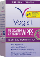 Vagisil Anti-Itch Medicated Feminine Intimate Wipes for Women, Maximum Strength, Gynecologist Tested, 12 Wipes (Pack of 1)