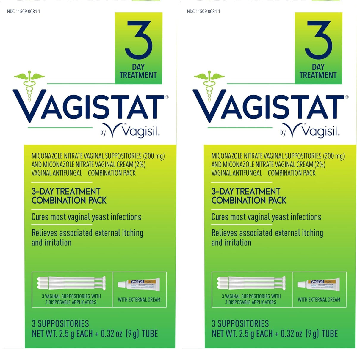 Vagisil Vagistat 3 Day Yeast Infection Treatment for Women, Relieves External Itching and Irritation - 2% External Miconazole Nitrate Cream, 3 Disposable Suppositories & Applicators (Pack of 2)